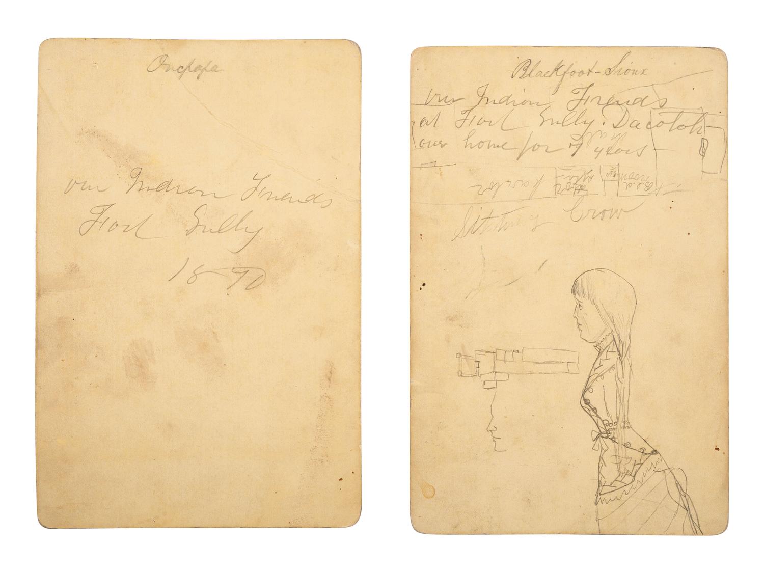 [NATIVE AMERICANS]. [JACKSON, William Henry (1843-1942) photographer]. 2 cabinet cards of Sitting Crow and Bear's Rib. [Washington, DC, ca 1870s].
