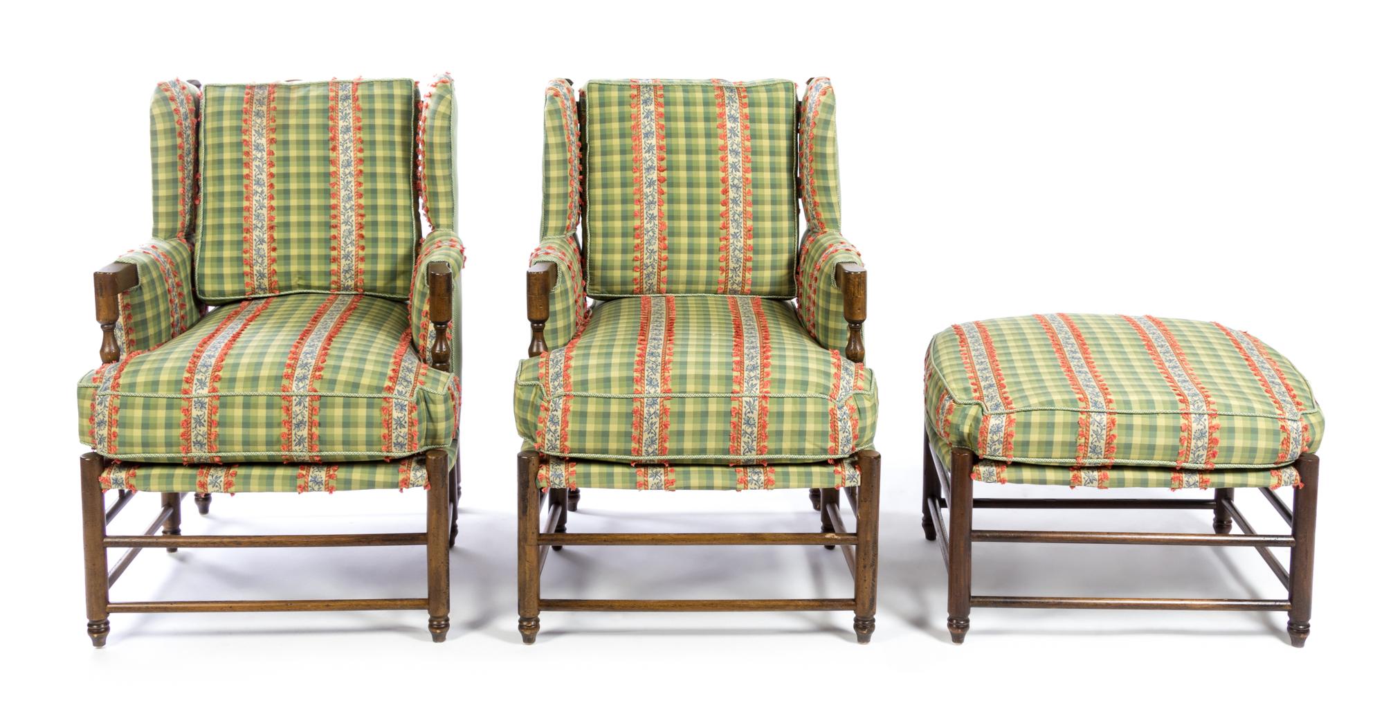 A Pair of Provincial Style Upholstered Armchairs Height 38 1/4 inches. — 20TH CENTURY