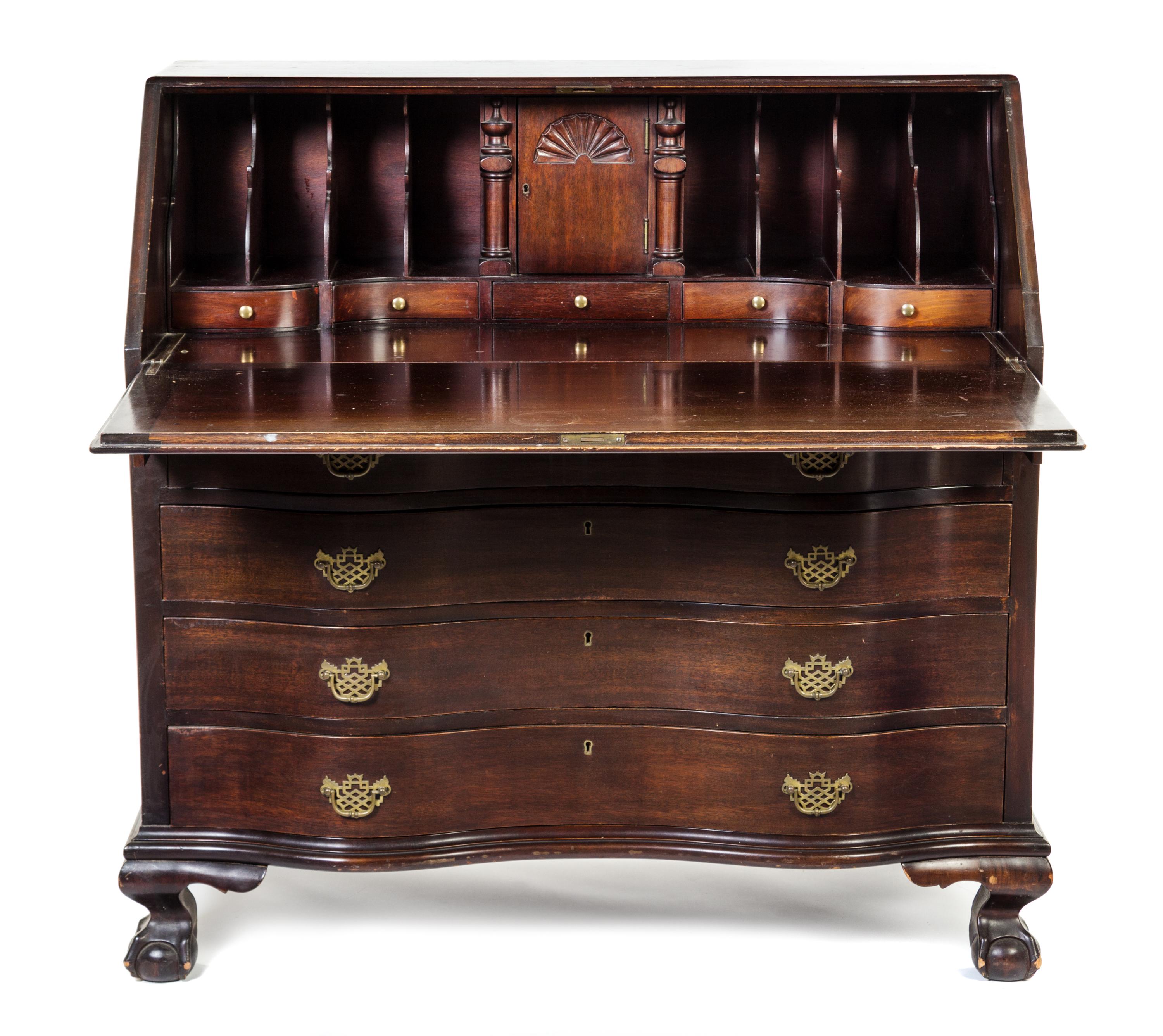 An American Chippendale Style Mahogany Slant-Front Bureau Height 42 x width 44 x depth 21 1/4 inches. — FIRST HALF 20TH CENTURY