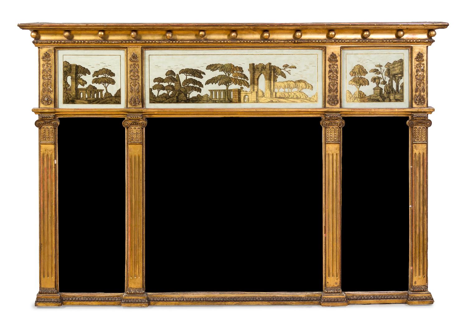 A Regency Giltwood and Eglomise Over Mantel Mirror, Height 38 x width 51 inches.