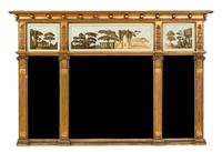 A Regency Giltwood and Eglomise Over Mantel Mirror, Height 38 x width 51 inches.