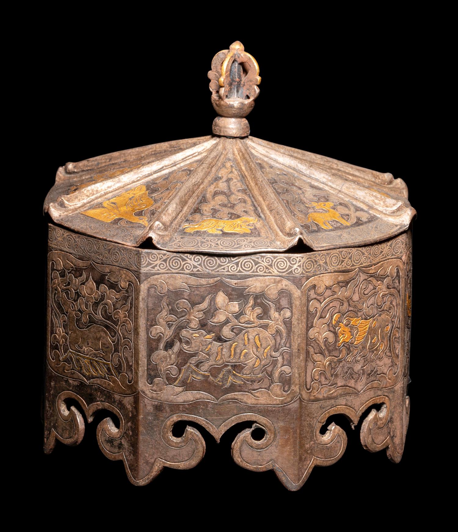 A Tibetan Gilt Inset Metal Covered Box