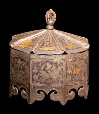 A Tibetan Gilt Inset Metal Covered Box