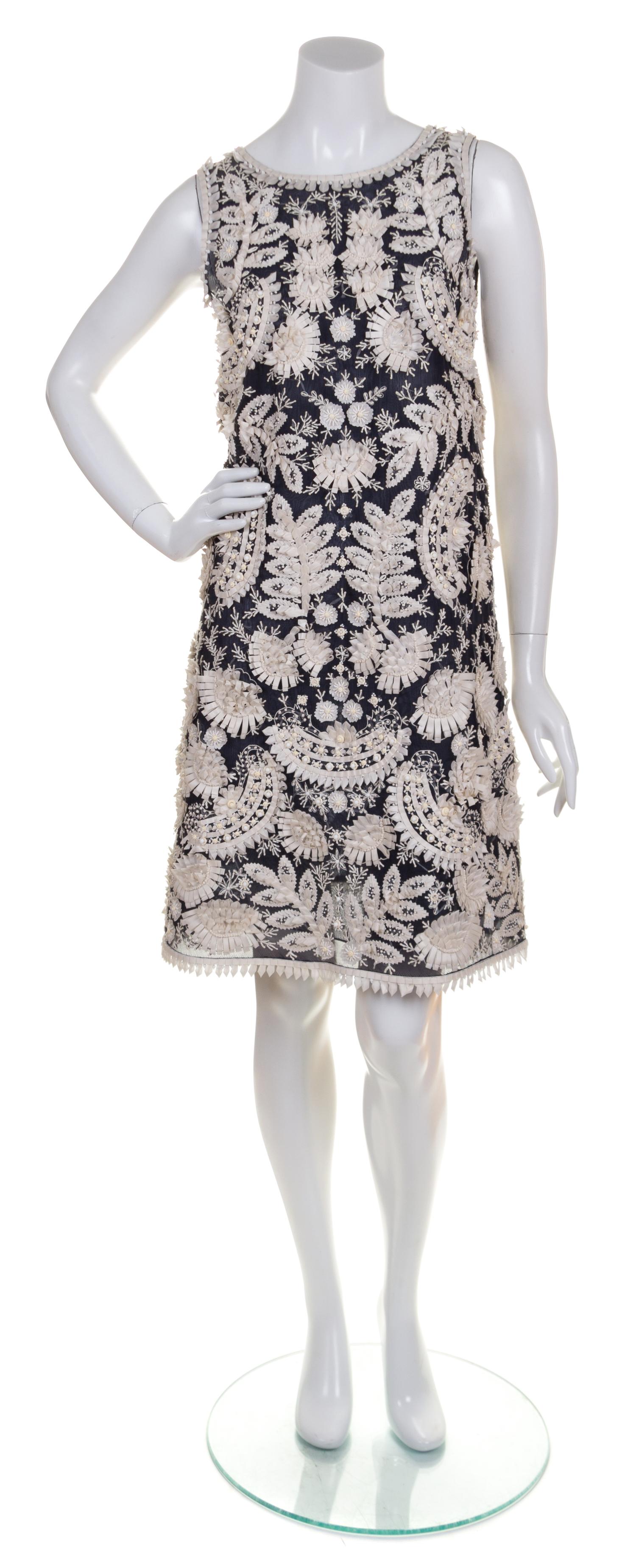 An Oscar de la Renta Navy and White Silk Embroidered Dress, Size: 8.