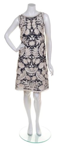An Oscar de la Renta Navy and White Silk Embroidered Dress, Size: 8.
