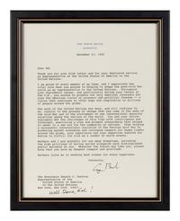 BUSH, George H.W. (1924-2018). Typed Letter signed ("George Bush") to Ambassador Edward J. PERKINS (1928-2020), 19th United States Ambassador to the United Nations from 1992-1993. Washington, D.C., 21 December 1992.