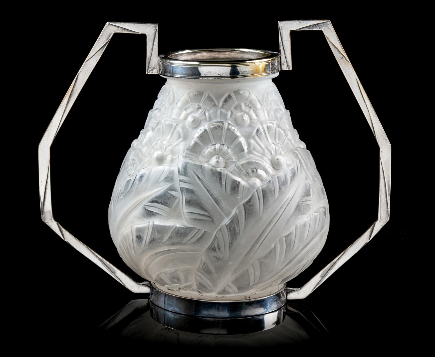 A French Molded and Frosted Glass Vase Height 9 x width 11 inches. — 20TH CENTURY