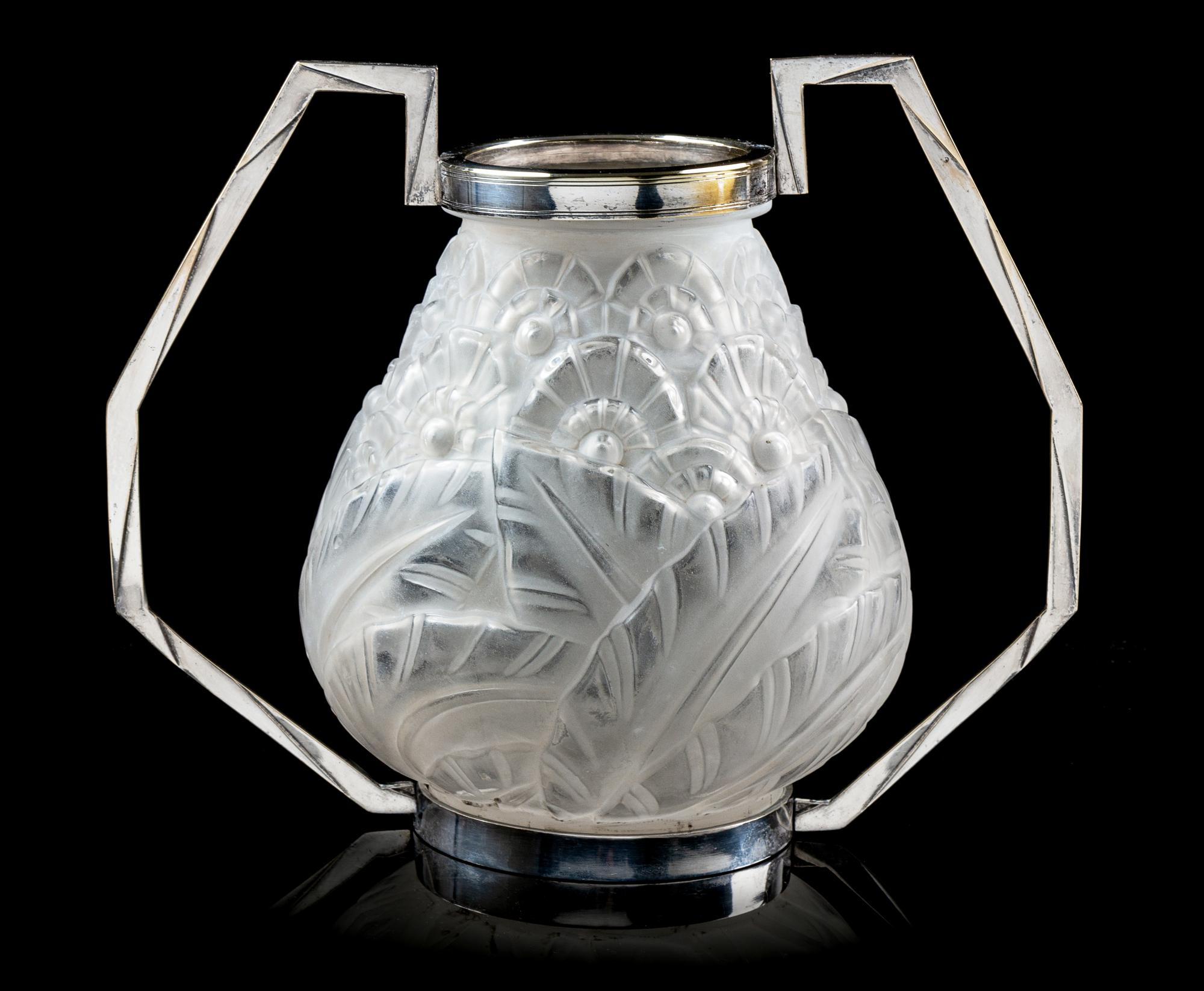 A French Molded and Frosted Glass Vase Height 9 x width 11 inches. — 20TH CENTURY