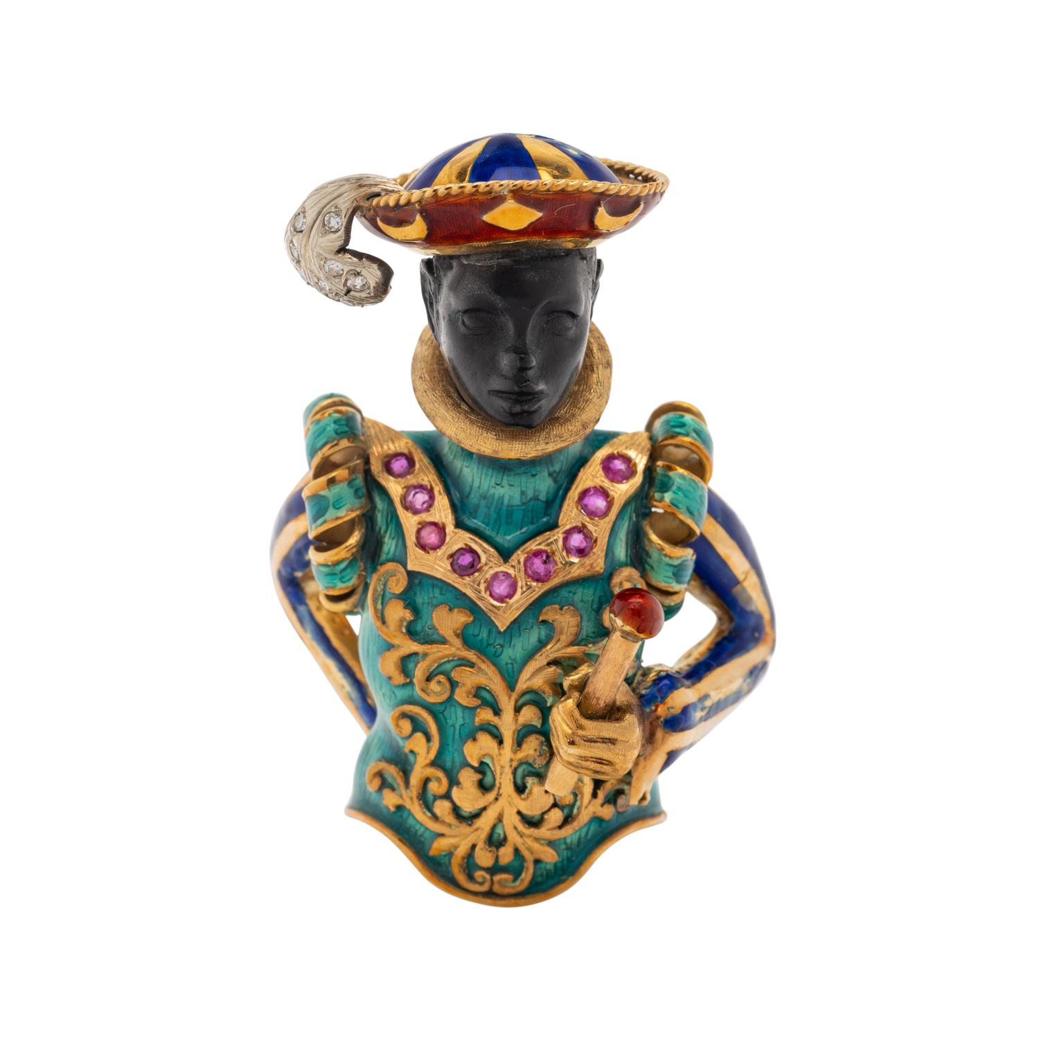 DIAMOND, RUBY AND ENAMEL BLACKAMOOR BROOCH