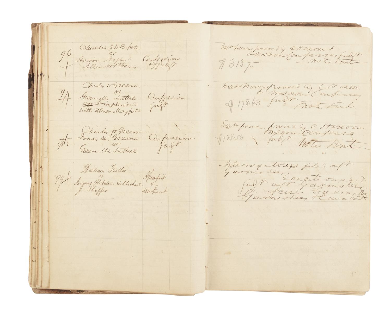 [LINCOLN, Abraham (1809-1865)]. A DeWitt County court judge's and clerk's manuscript docket book. DeWitt County, Illinois, ca. Spring 1855-Spring 1860.