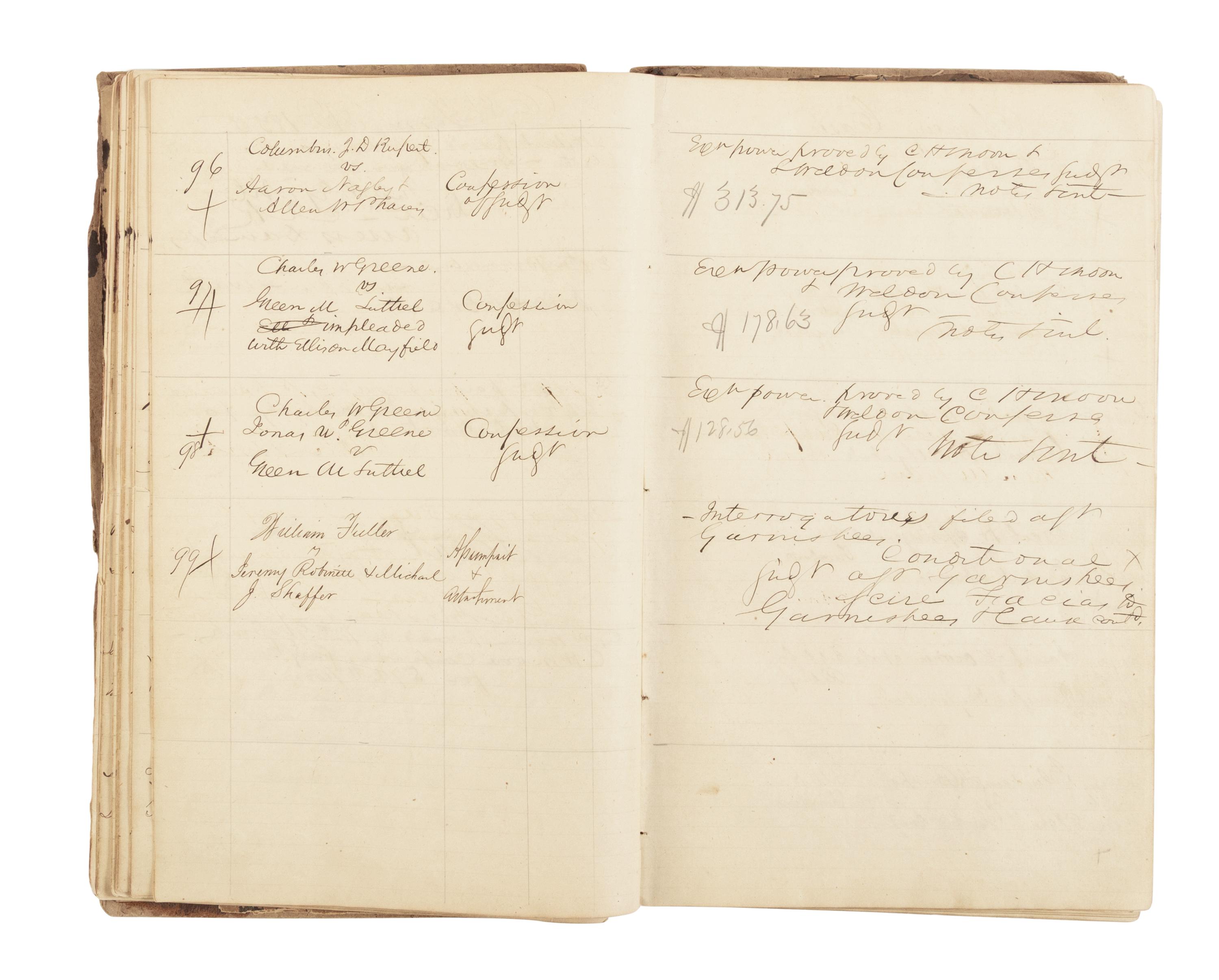 [LINCOLN, Abraham (1809-1865)]. A DeWitt County court judge's and clerk's manuscript docket book. DeWitt County, Illinois, ca. Spring 1855-Spring 1860.