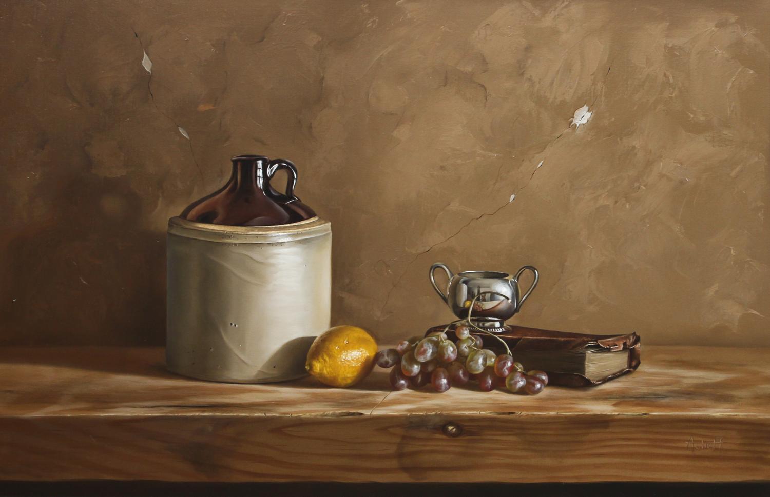 William Acheff, (American, b. 1947), Still Life with Grapes, Lemon, Jug and Book