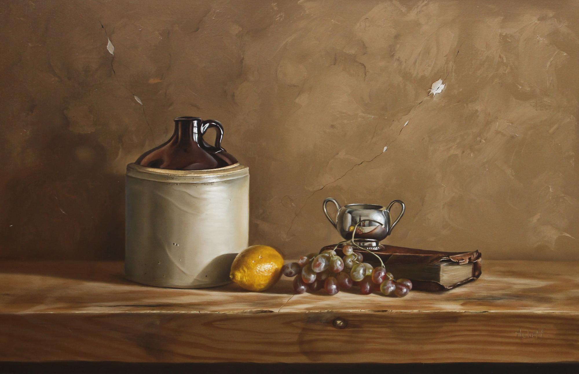 William Acheff, (American, b. 1947), Still Life with Grapes, Lemon, Jug and Book