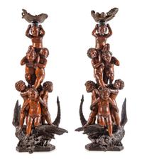 A Pair of Monumental Venetian Baroque Style Carved Walnut Torchères