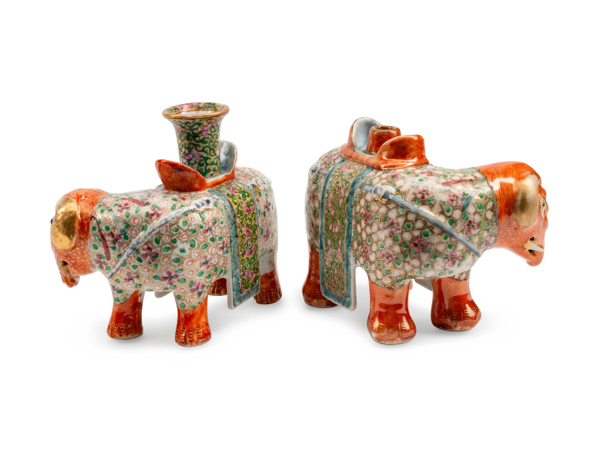 Two Chinese Export Porcelain Elephant Candlesticks — 19TH CENTURY