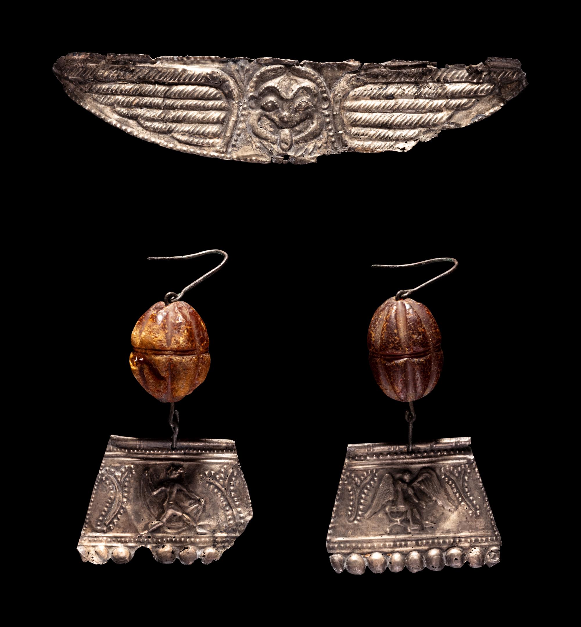 A Greek Silver Diadem and Pair of Earrings
