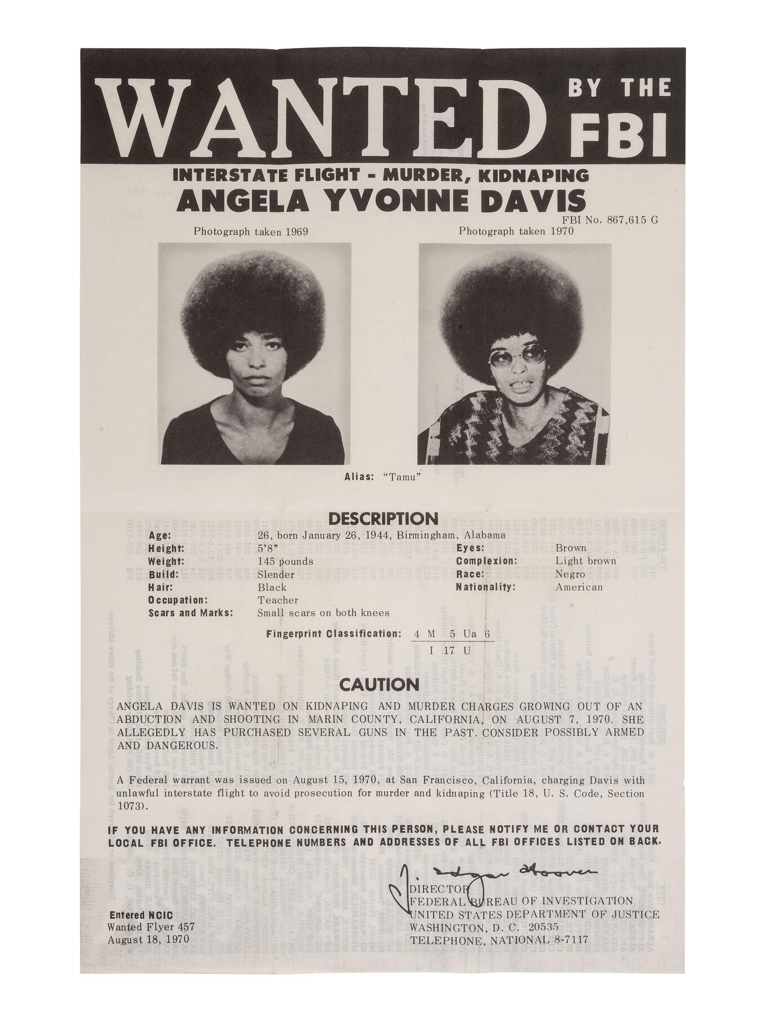 [CIVIL RIGHTS] -- [DAVIS, Angela Yvonne (b.1944 )]. Wanted by the FBI: Interstate Flight - Murder, Kidnaping [ sic ]. Washington, D.C.: Federal Bureau of Investigation, 18 August 1970.