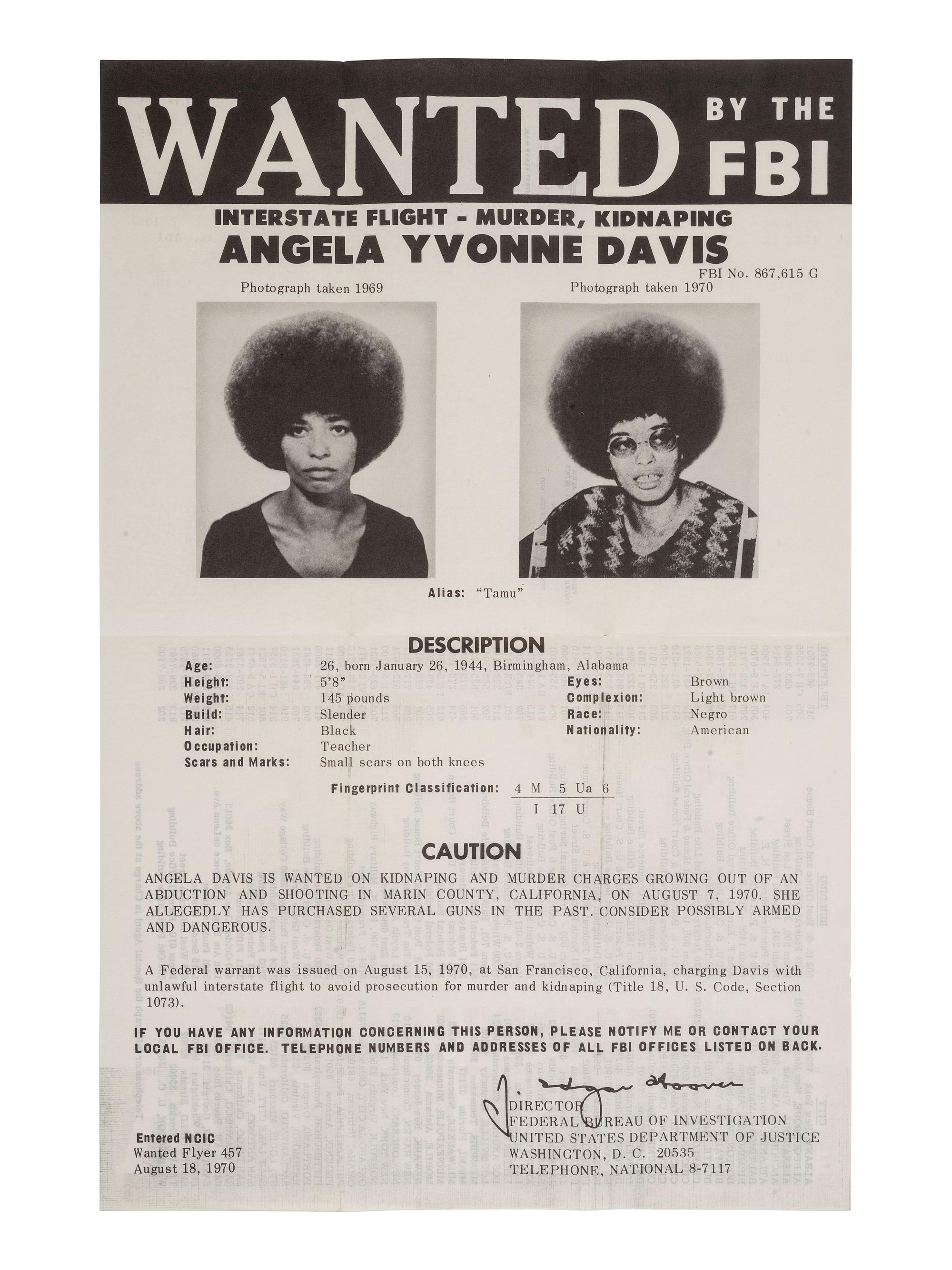 [CIVIL RIGHTS] -- [DAVIS, Angela Yvonne (b.1944 )]. Wanted by the FBI: Interstate Flight - Murder, Kidnaping [ sic ]. Washington, D.C.: Federal Bureau of Investigation, 18 August 1970.
