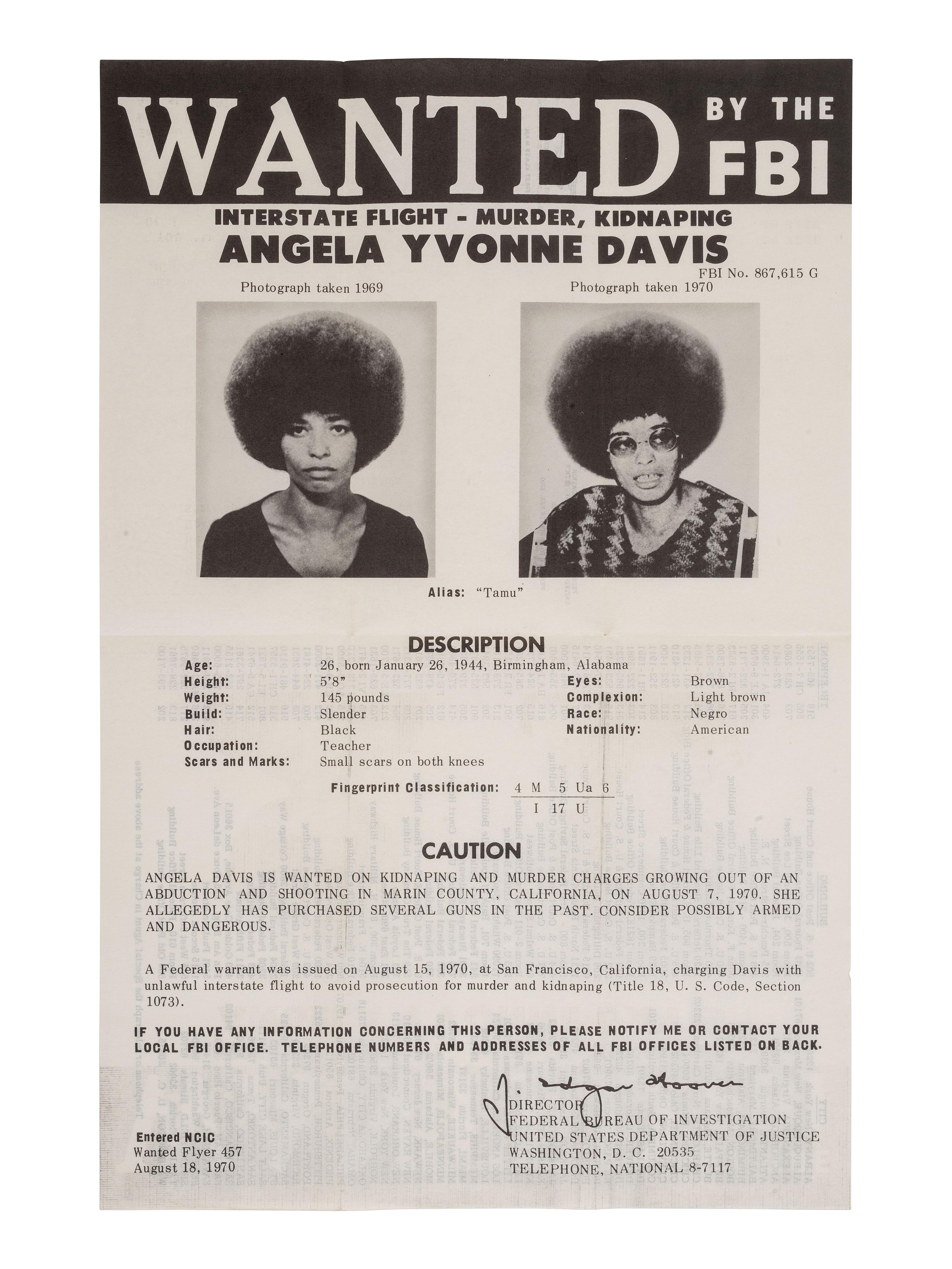 [CIVIL RIGHTS] -- [DAVIS, Angela Yvonne (b.1944 )]. Wanted by the FBI: Interstate Flight - Murder, Kidnaping [ sic ]. Washington, D.C.: Federal Bureau of Investigation, 18 August 1970.