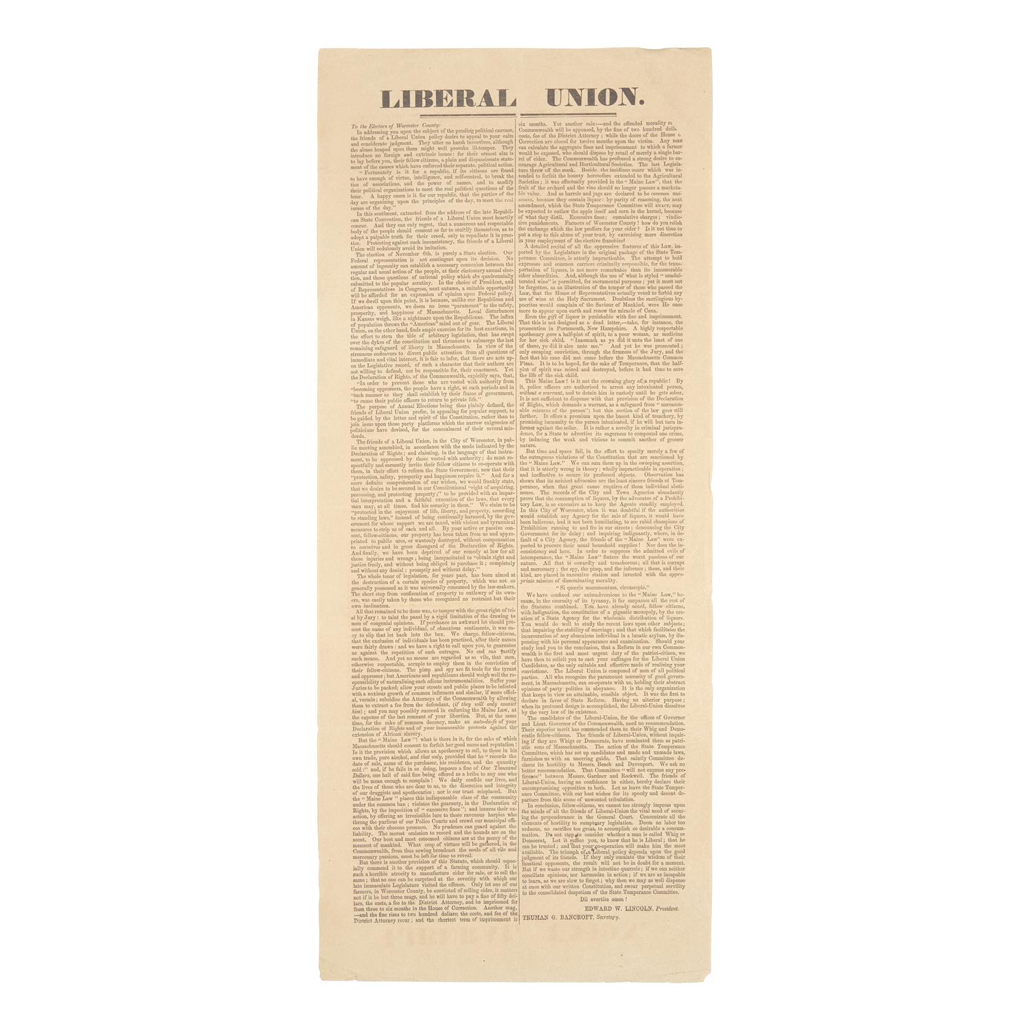 [Temperance] Rare Prohibition Broadside for the "Maine Law", the First Statewide Prohibition law in the United States