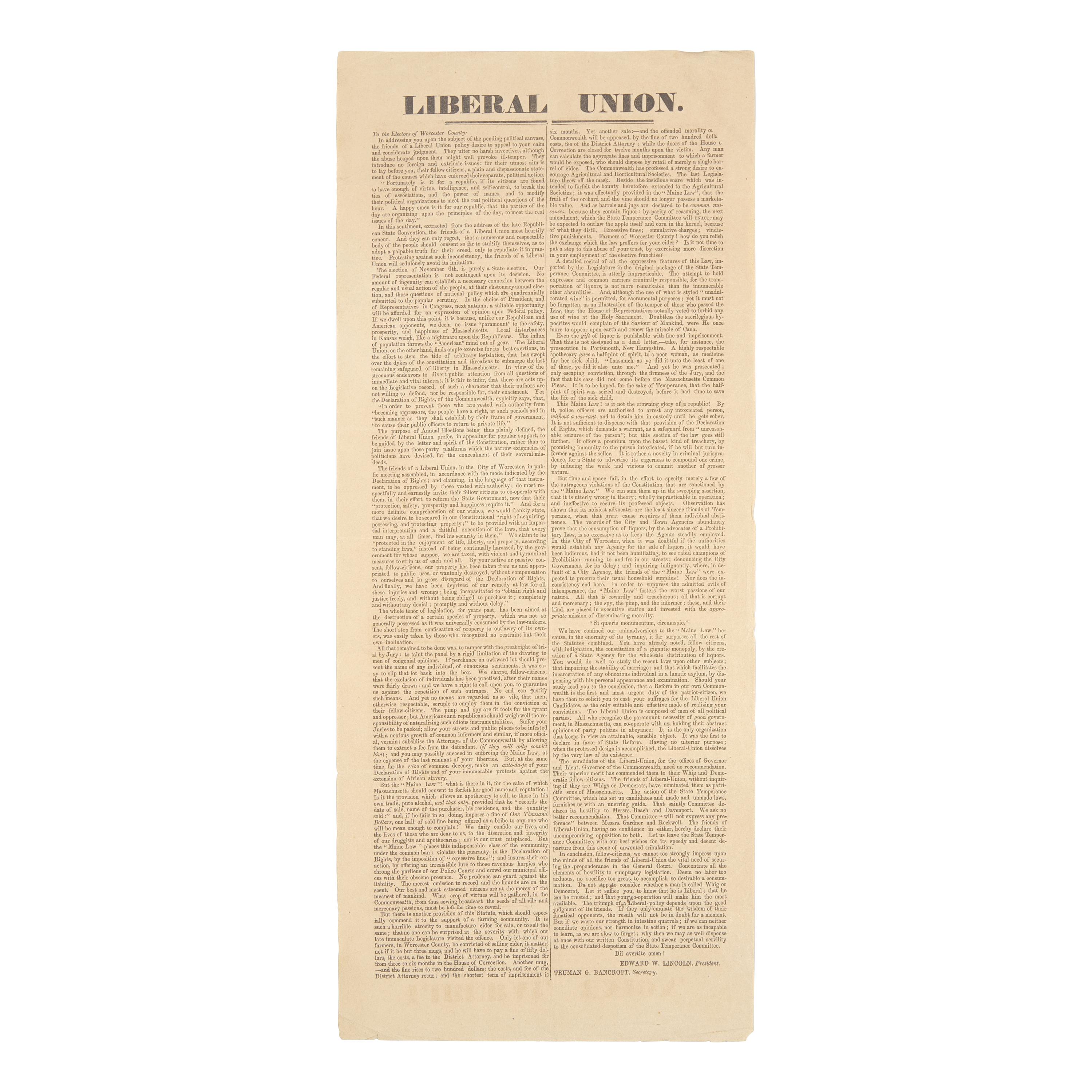 [Temperance] Rare Prohibition Broadside for the "Maine Law", the First Statewide Prohibition law in the United States
