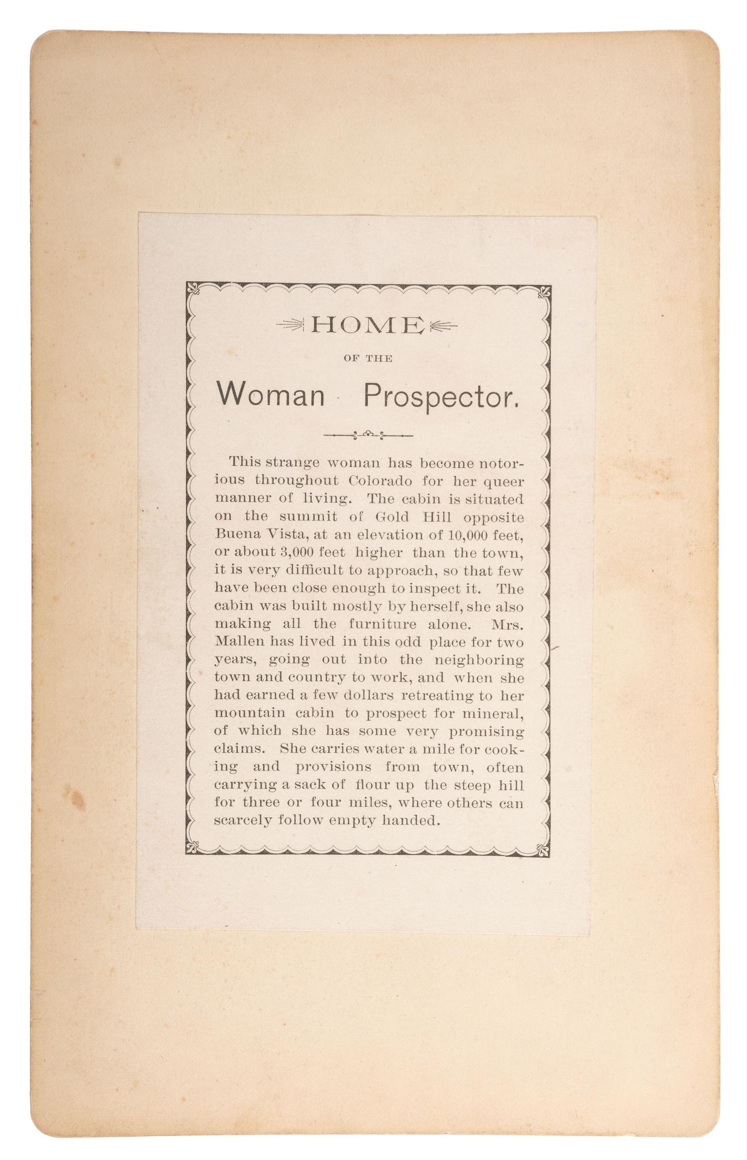 [WESTERN AMERICANA - COLORADO]. Home of the Woman Prospector. Boudoir photograph. ca 1885.