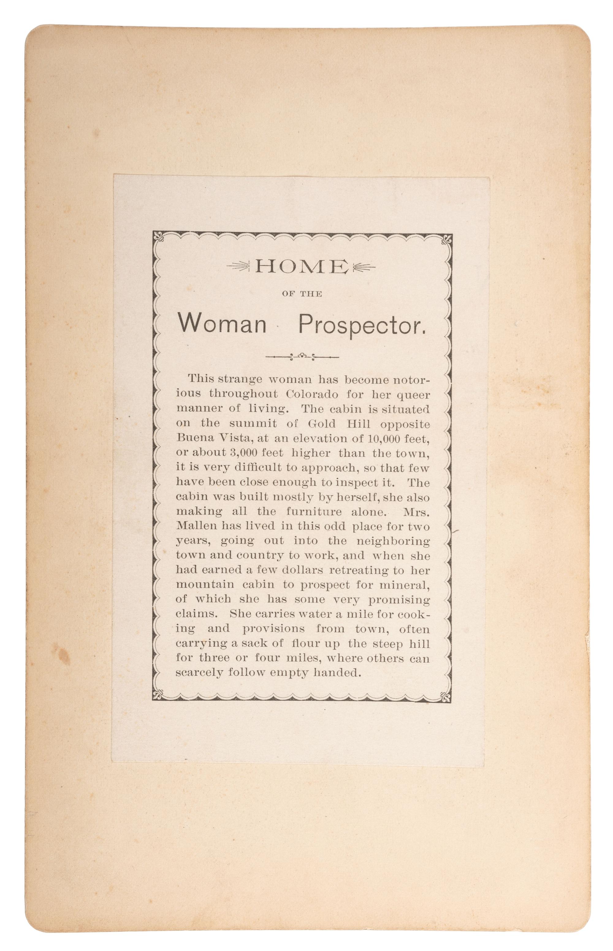 [WESTERN AMERICANA - COLORADO]. Home of the Woman Prospector. Boudoir photograph. ca 1885.