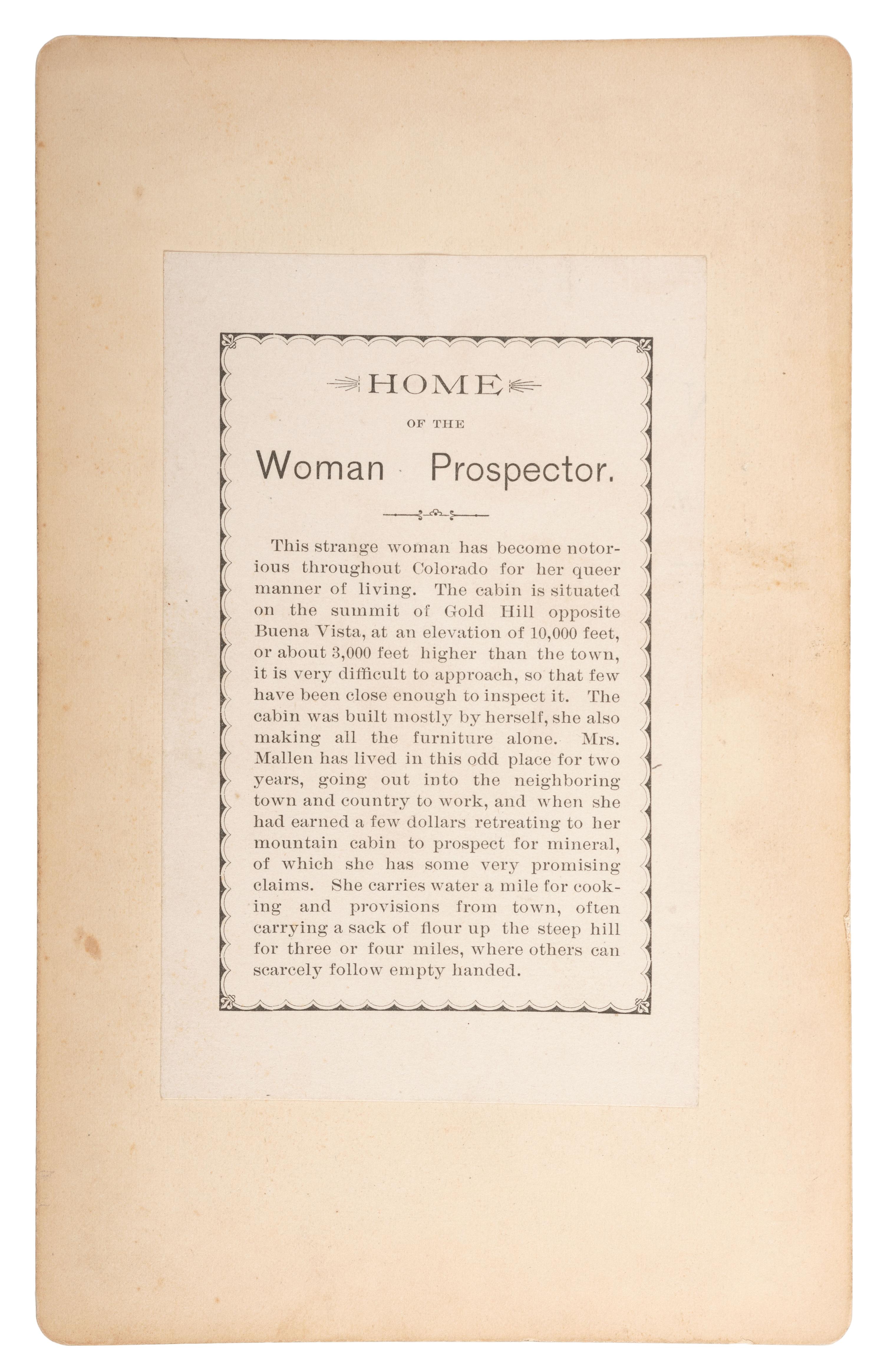 [WESTERN AMERICANA - COLORADO]. Home of the Woman Prospector. Boudoir photograph. ca 1885.