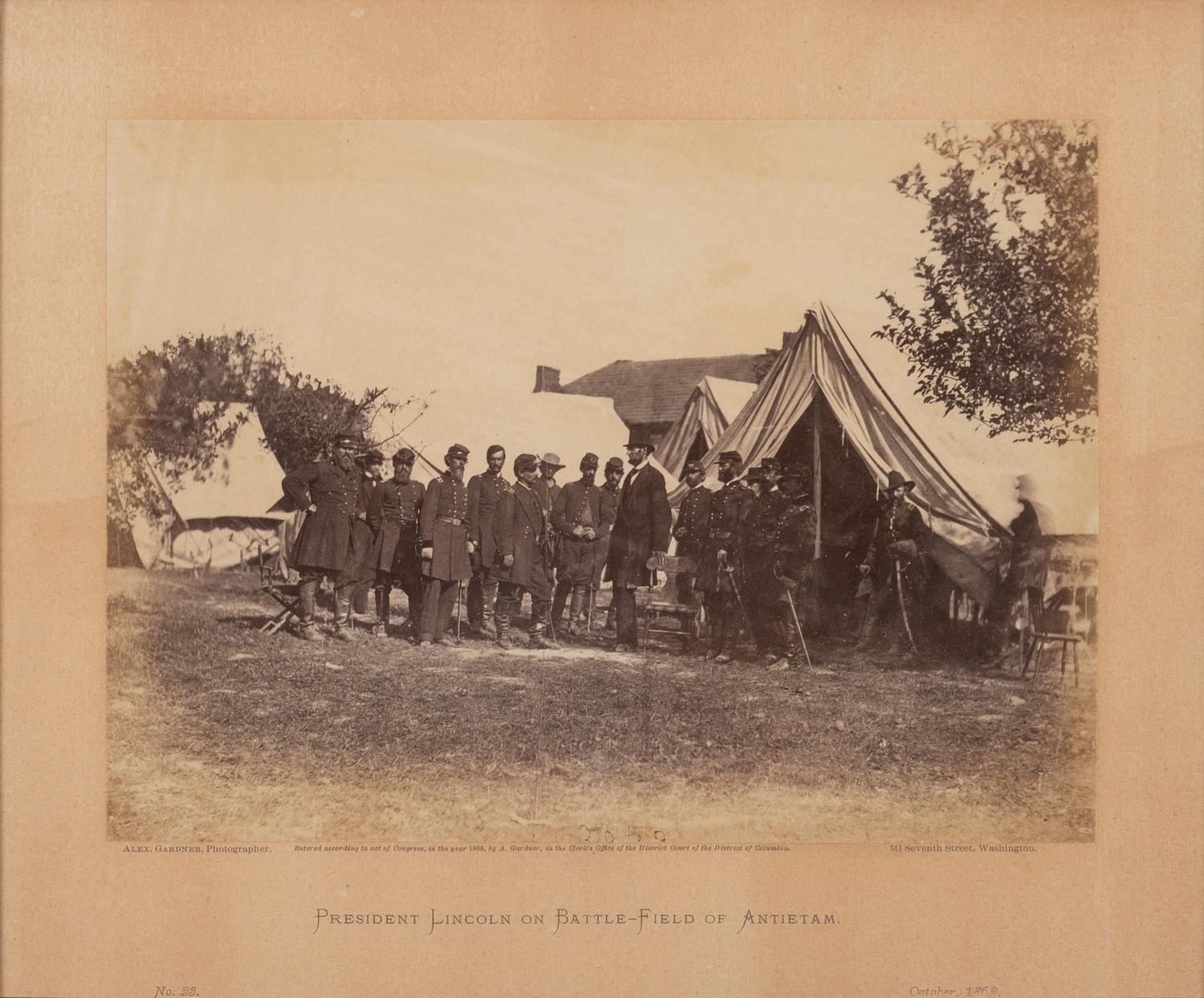 [LINCOLN, Abraham (1809-1865)]. GARDNER, Alexander (1821-1882), photographer. President Lincoln on Battle-Field of Antietam, October, 1862 . Washington, DC, 1866.
