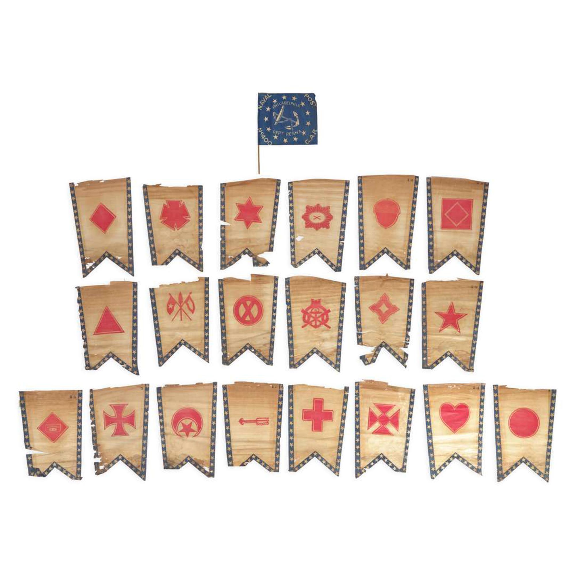 [CIVIL WAR]. A group of 21 Grand Army of the Republic Civil War Army Corps badge flags, 1870s to 1890s.