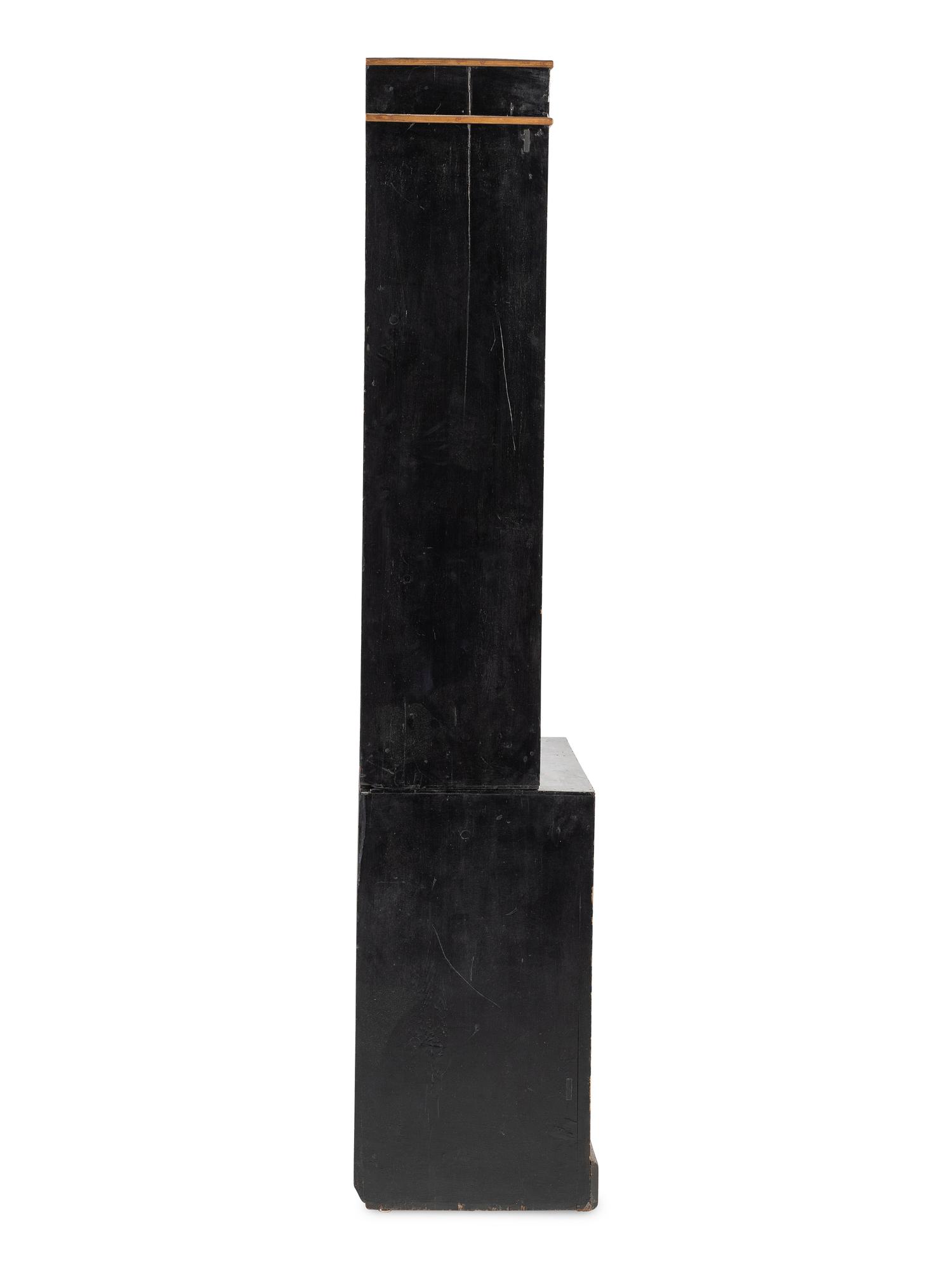 A Regency Black Lacquered and Parcel Gilt Vernis Martin Decorated Step-Back Cabinet