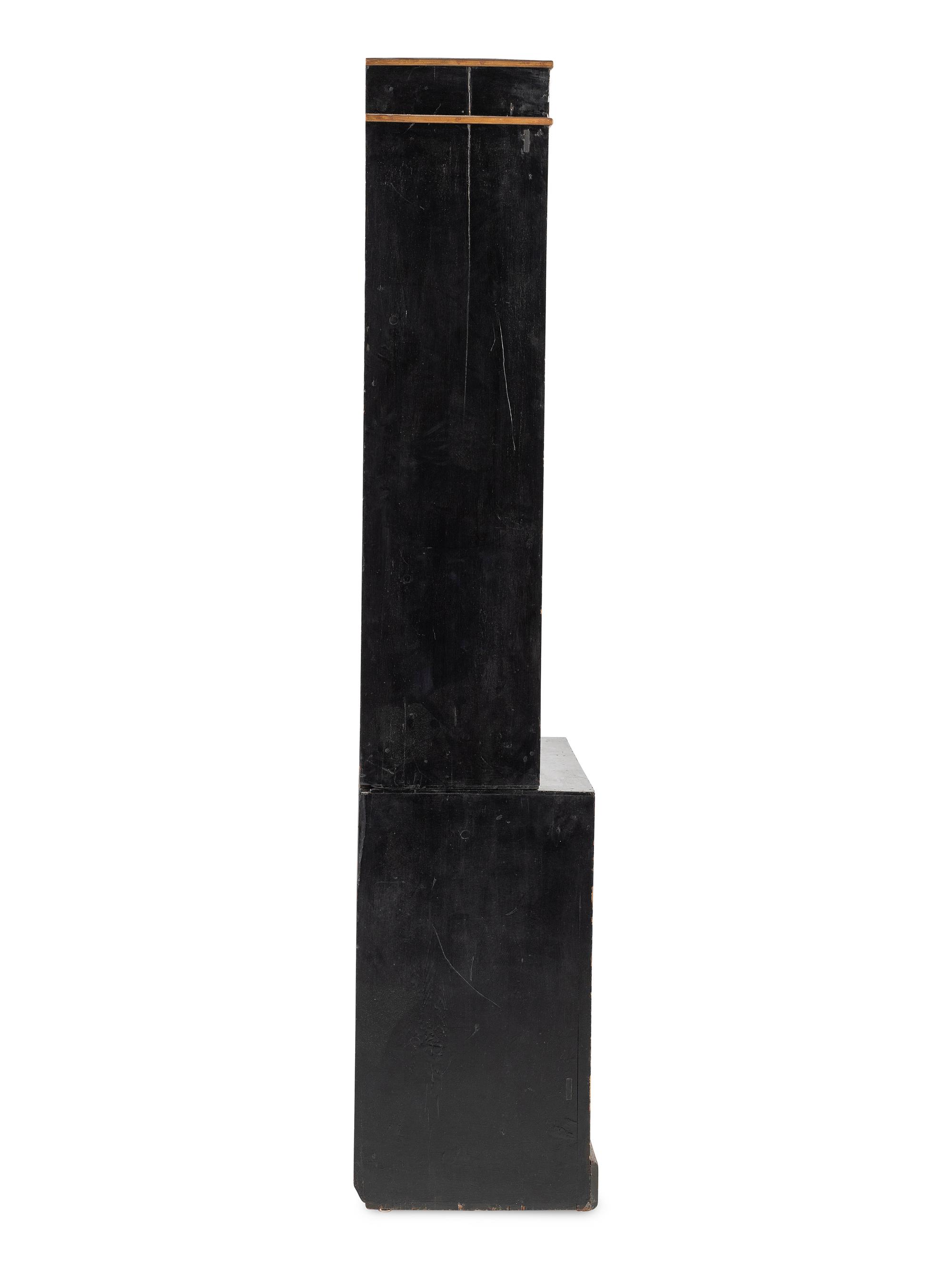 A Regency Black Lacquered and Parcel Gilt Vernis Martin Decorated Step-Back Cabinet