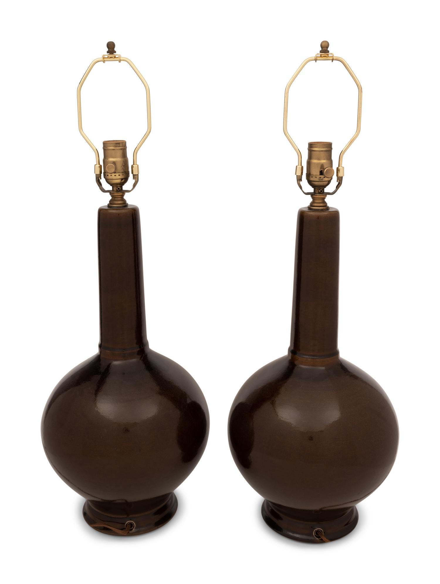 A Pair of Brown Glazed Stoneware Lamps