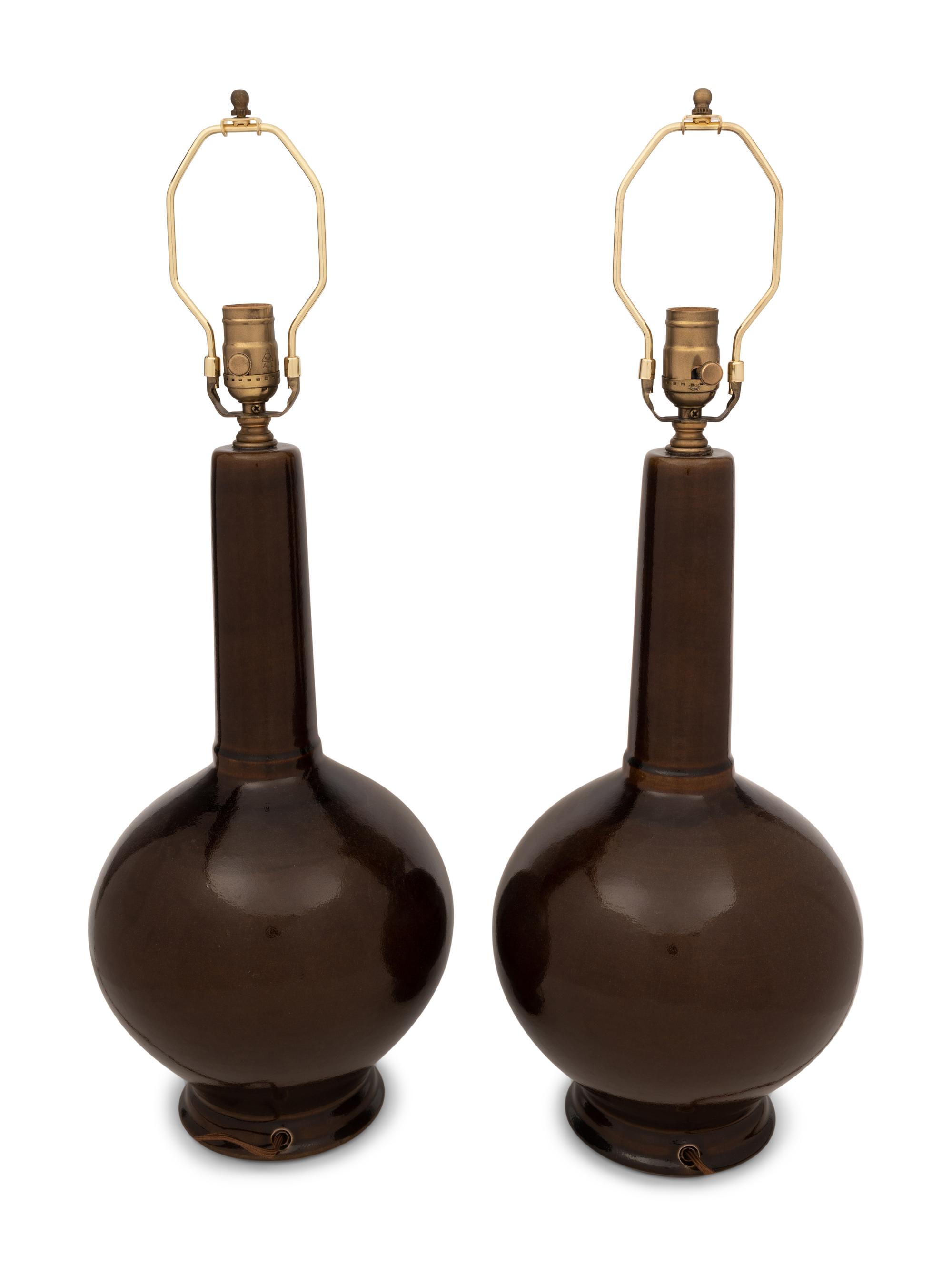 A Pair of Brown Glazed Stoneware Lamps