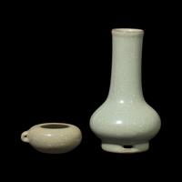A Chinese Longquan Guan Type Celadon Vase and a Bird Feeder 龍泉青釉穿帶瓶及鳥食罐