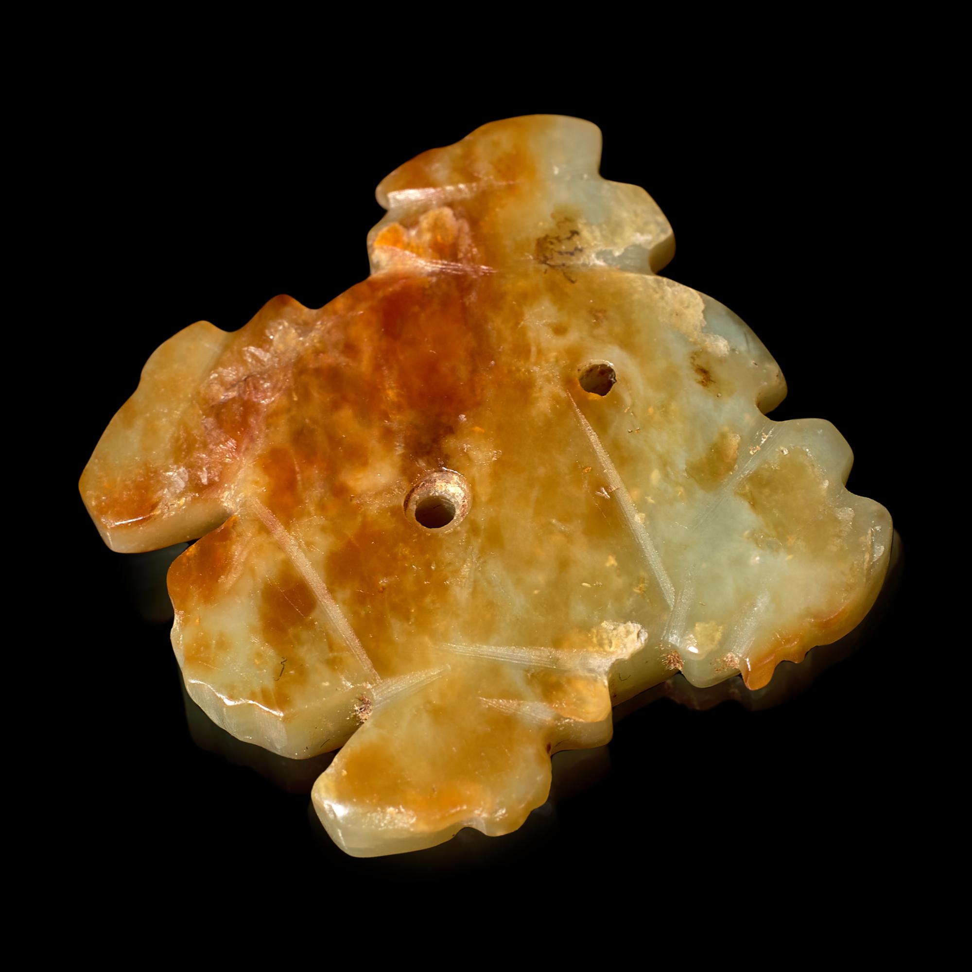A Small Chinese Hongshan Style Celadon and Russet Jade Turtle Amulet 紅山風格 青玉龜