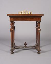 An English Mahogany Work/Games Table, Height 28 1/2 x width 25 x depth 19 3/4 inches.