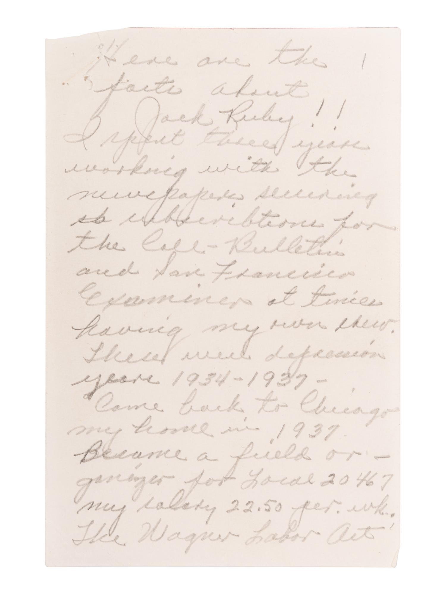 RUBY, Jack (1911-1967). Autograph manuscript signed (in the third person) written from his jail cell while incarcerated for the murder of Kennedy assassin Lee Harvey Oswald, [n.d., ca 1966].