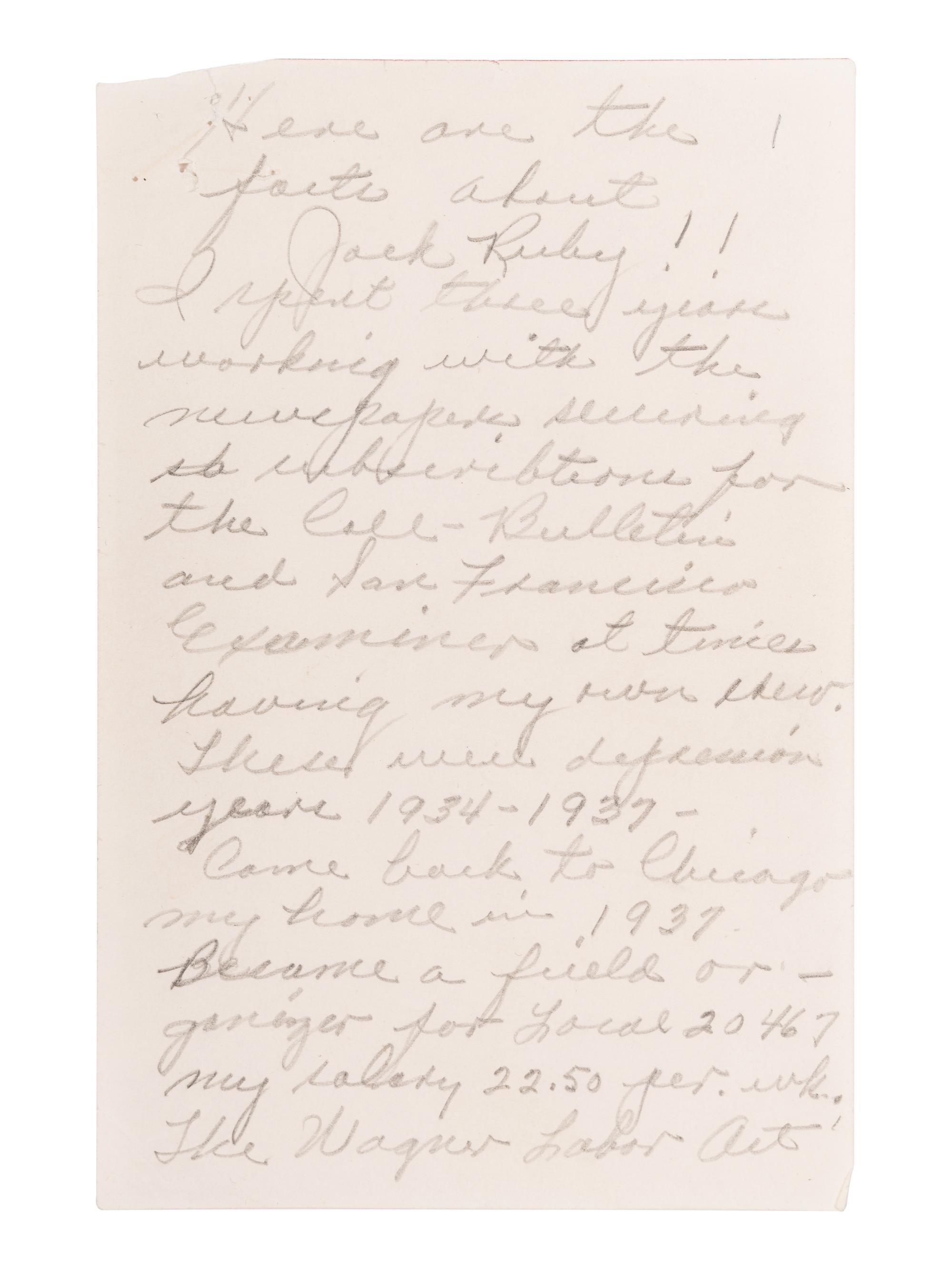 RUBY, Jack (1911-1967). Autograph manuscript signed (in the third person) written from his jail cell while incarcerated for the murder of Kennedy assassin Lee Harvey Oswald, [n.d., ca 1966].