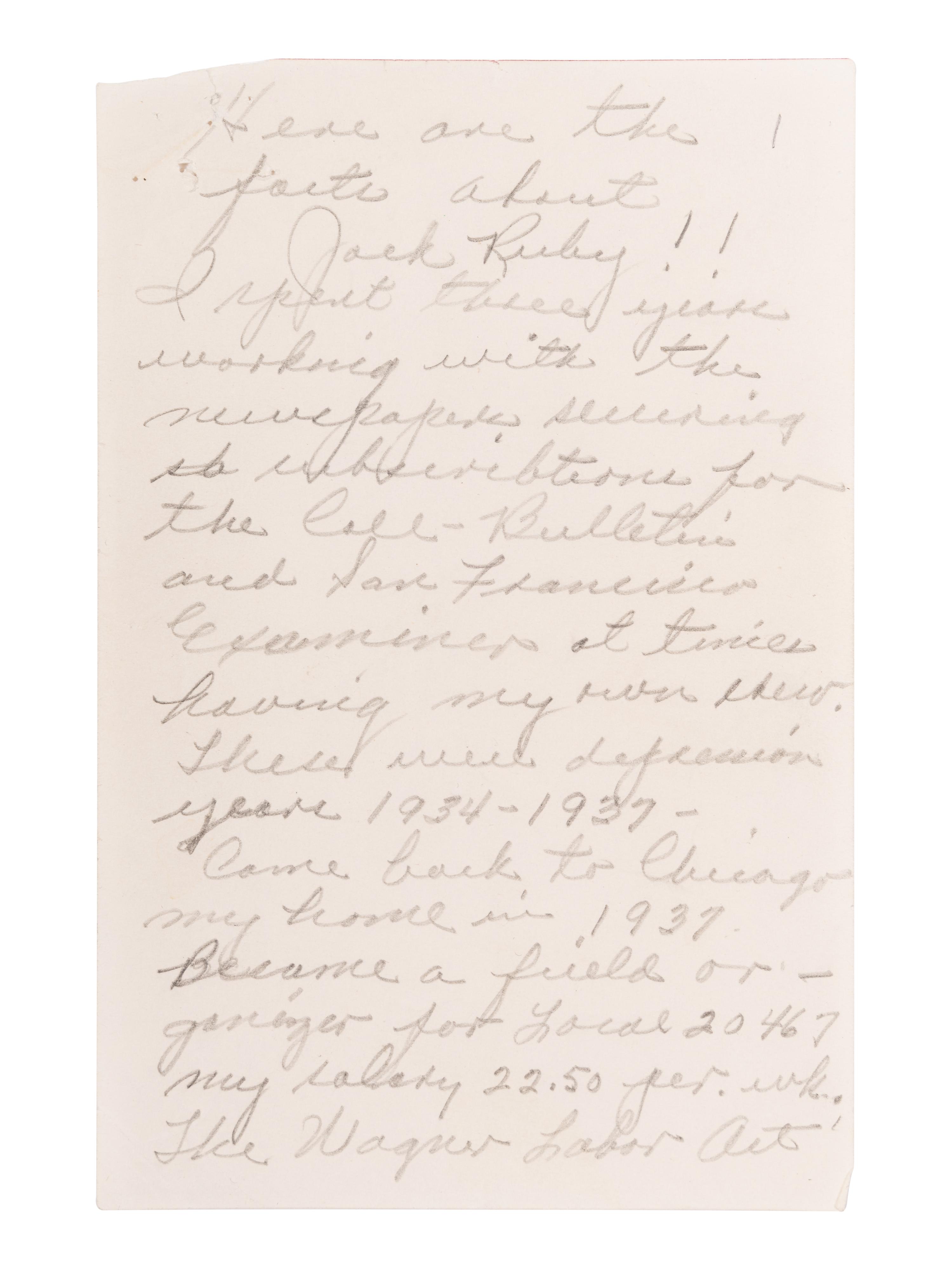 RUBY, Jack (1911-1967). Autograph manuscript signed (in the third person) written from his jail cell while incarcerated for the murder of Kennedy assassin Lee Harvey Oswald, [n.d., ca 1966].