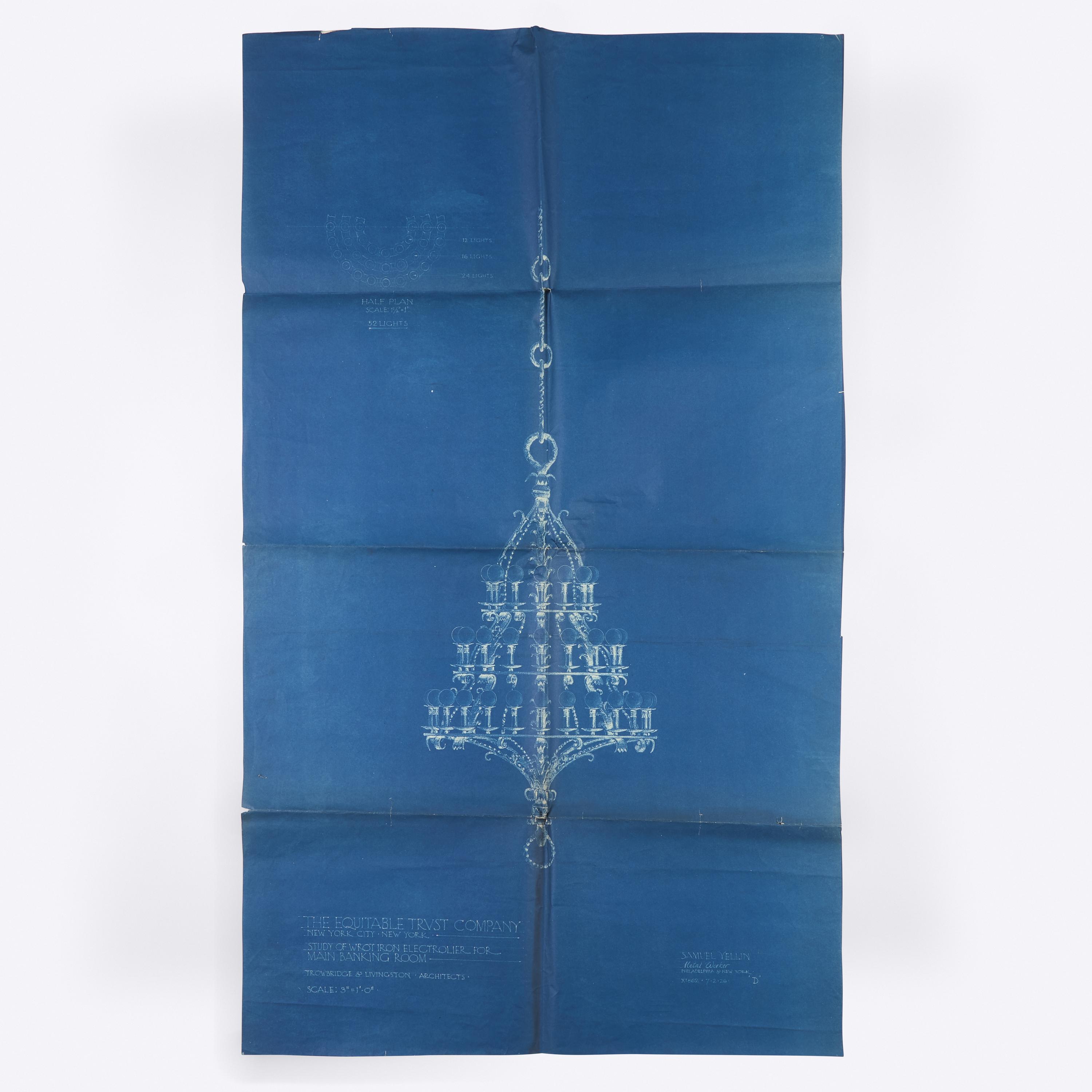Studio of Samuel Yellin (American, 1884–1940) — Group of Three Blueprints Including Railing, Chandelier and Signpost Bracket, 1926–1939