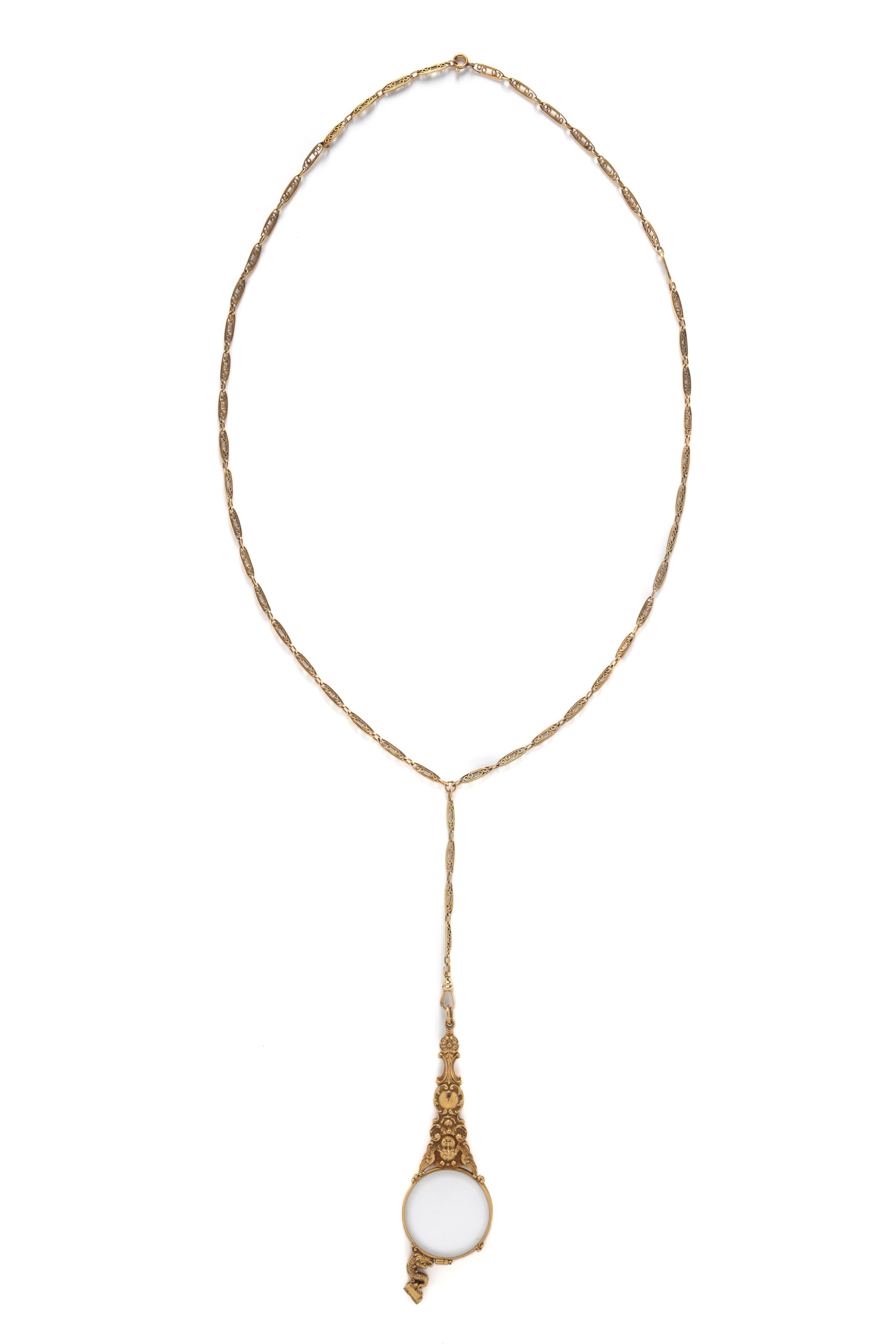 ART NOUVEAU, YELLOW GOLD LORGNETTE AND CHAIN