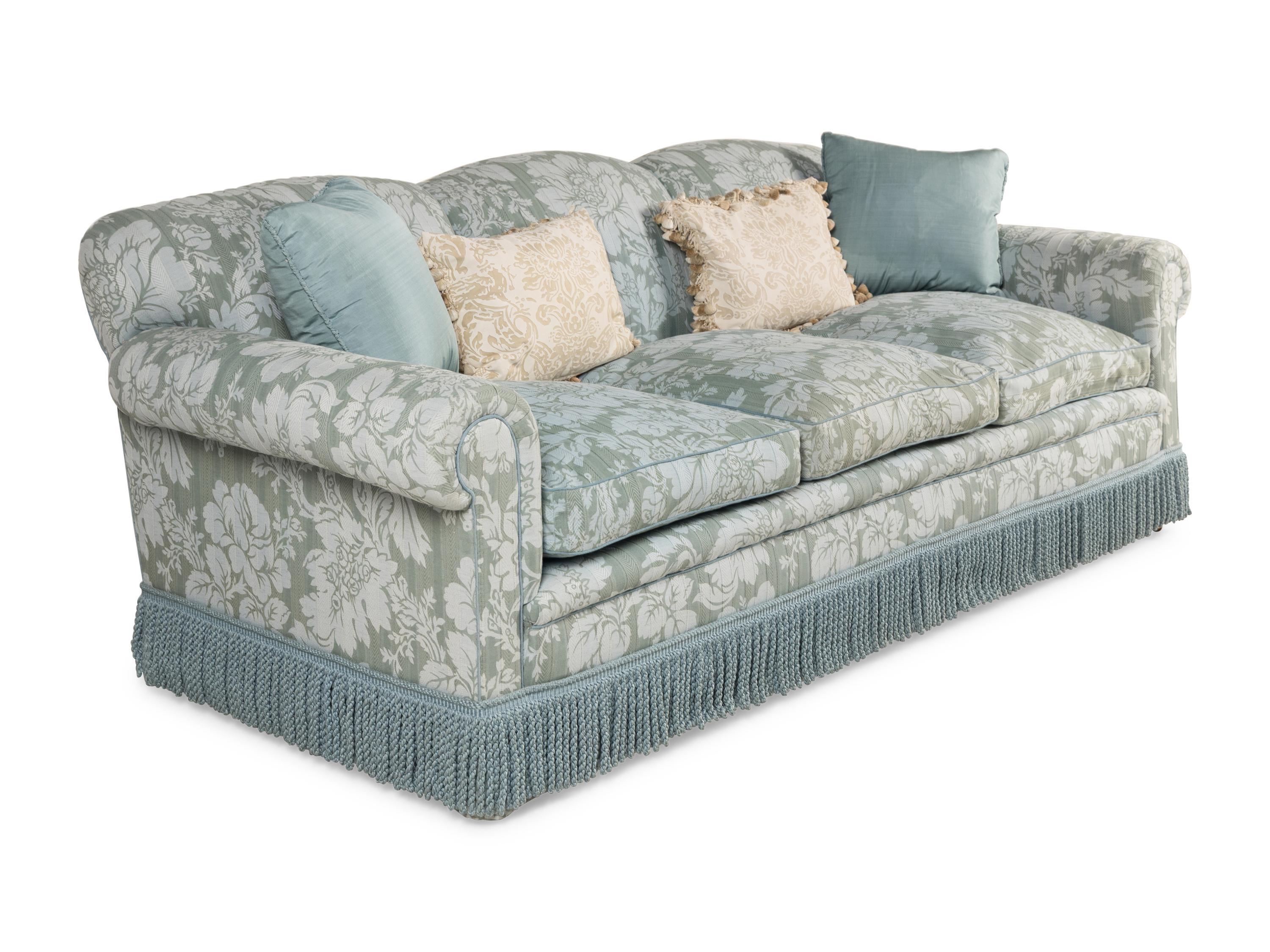 A Damask Upholstered Sofa with Buillon Fringe
