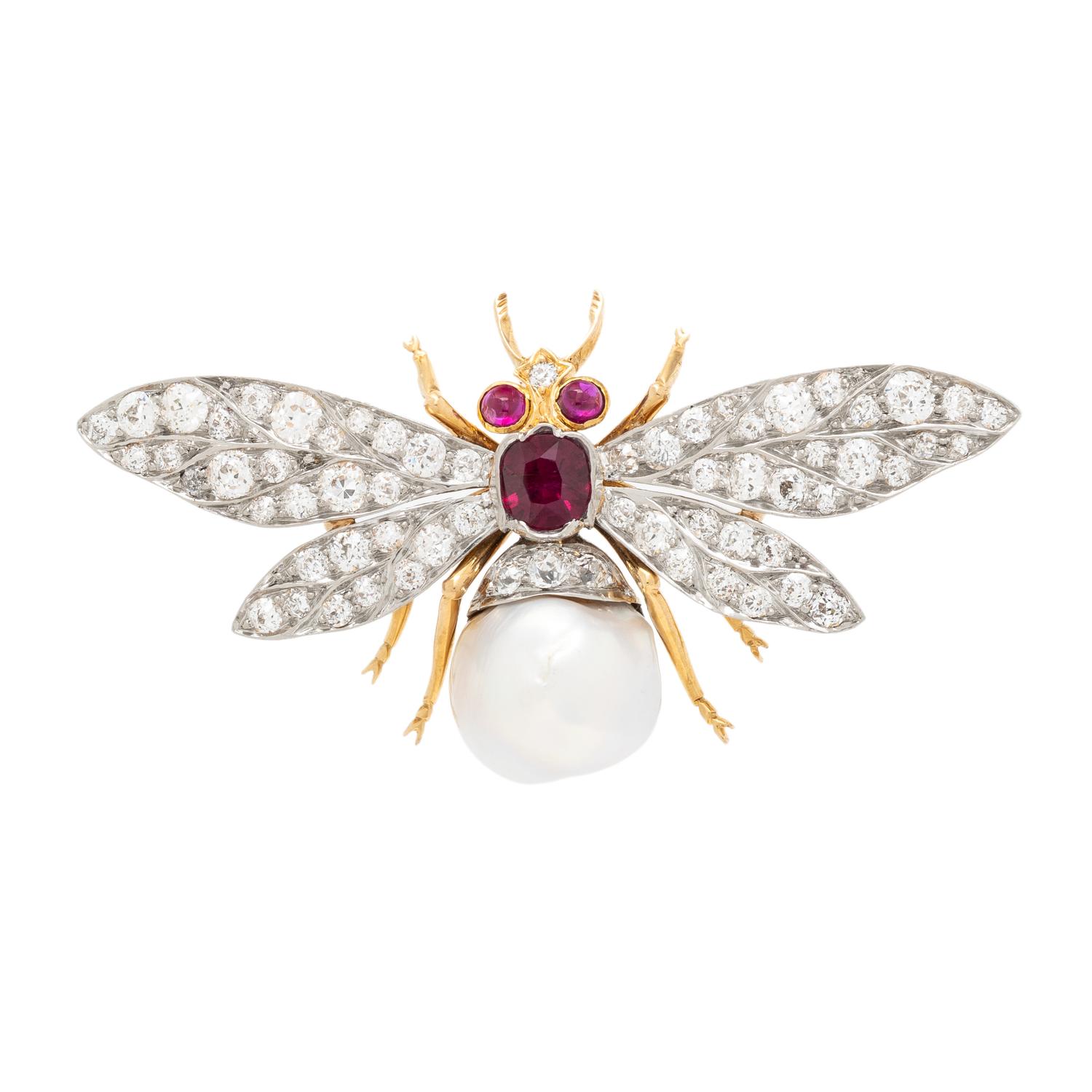 VICTORIAN, DIAMOND, CULTURED PEARL, AND RUBY INSECT BROOCH