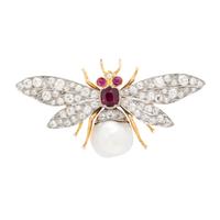 VICTORIAN, DIAMOND, CULTURED PEARL, AND RUBY INSECT BROOCH