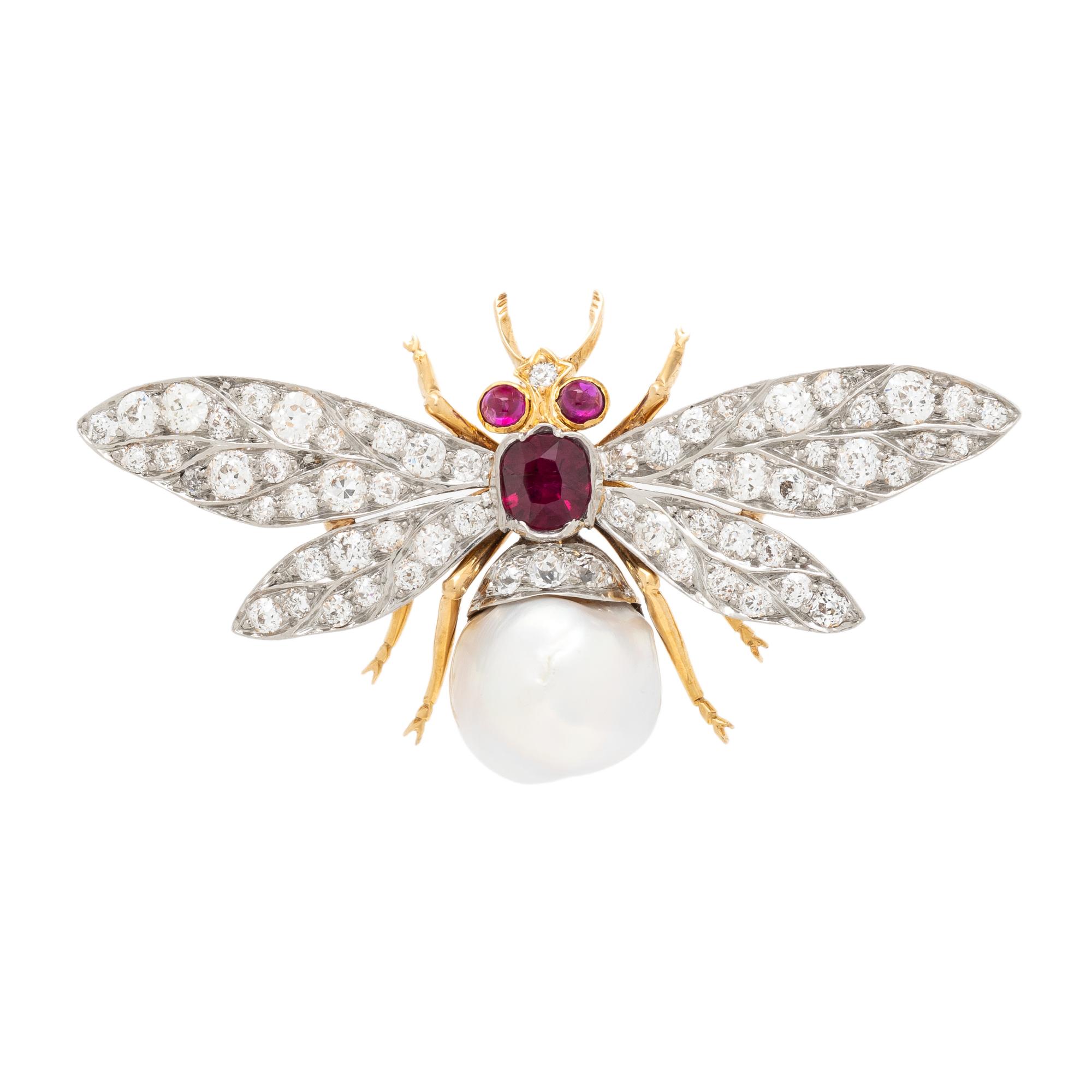 VICTORIAN, DIAMOND, CULTURED PEARL, AND RUBY INSECT BROOCH