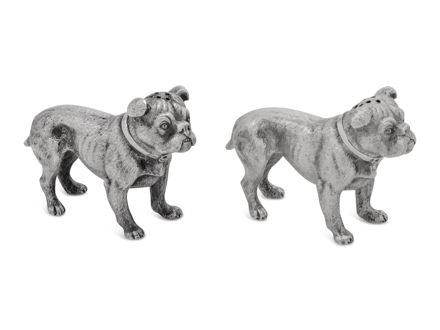 A Pair of Silver Salt and Pepper Shakers in the Form of Bulldogs