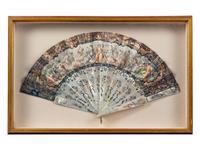 A French Hand-Painted Lithograph on Paper and Mother-of-Pearl Fan