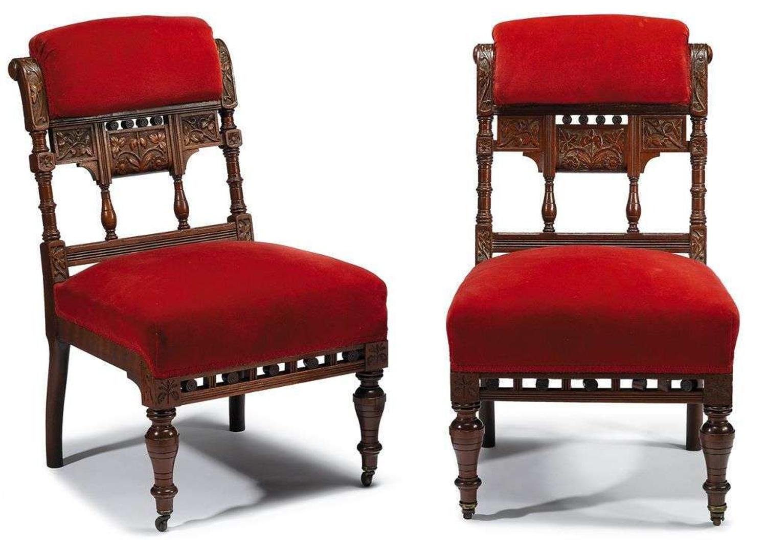"Modern Gothic" seven-piece walnut parlor suite School of Daniel Pabst (1826-1910), Philadelphia, PA, circa 1875