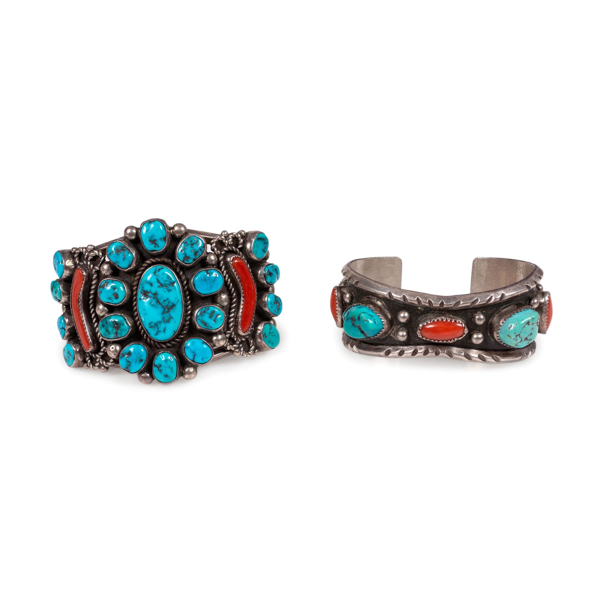 Navajo Silver, Turquoise, and Coral Cuff Bracelets
